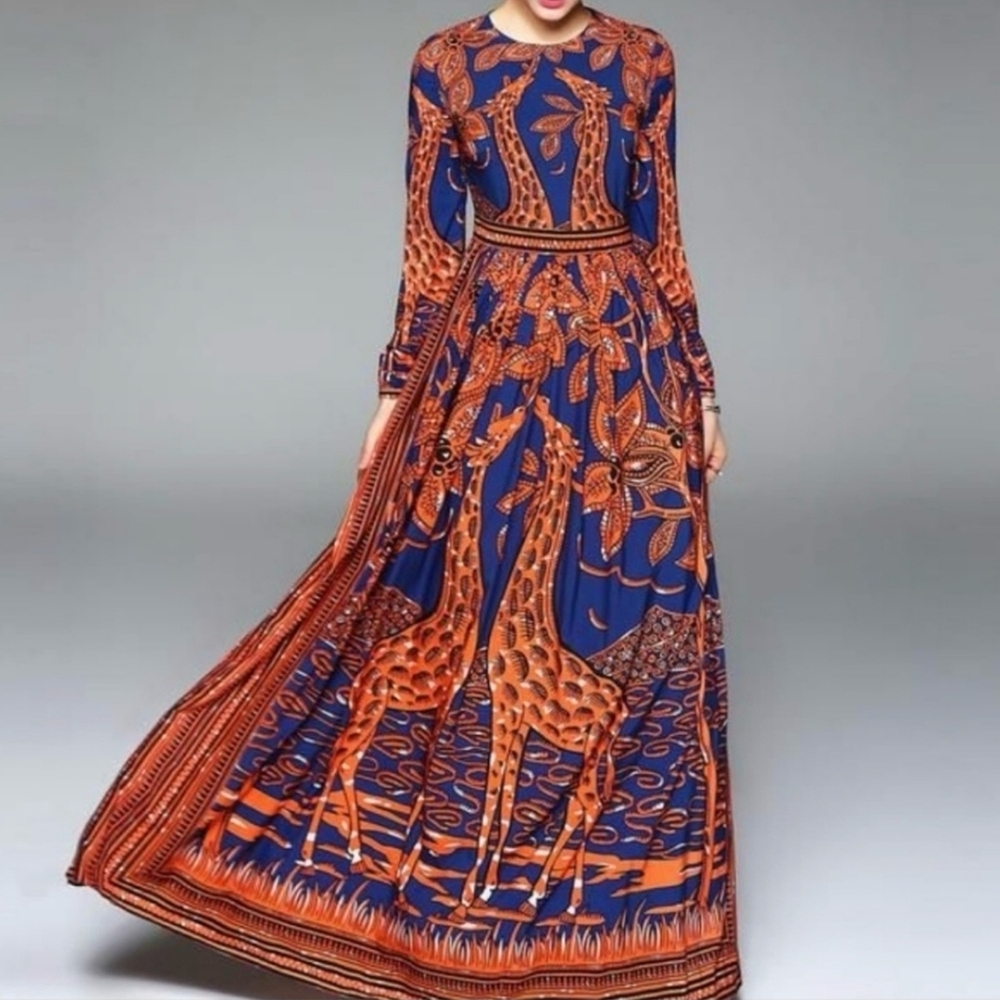 Elegant Blue and Orange Giraffe Print Long Sleeve Dress